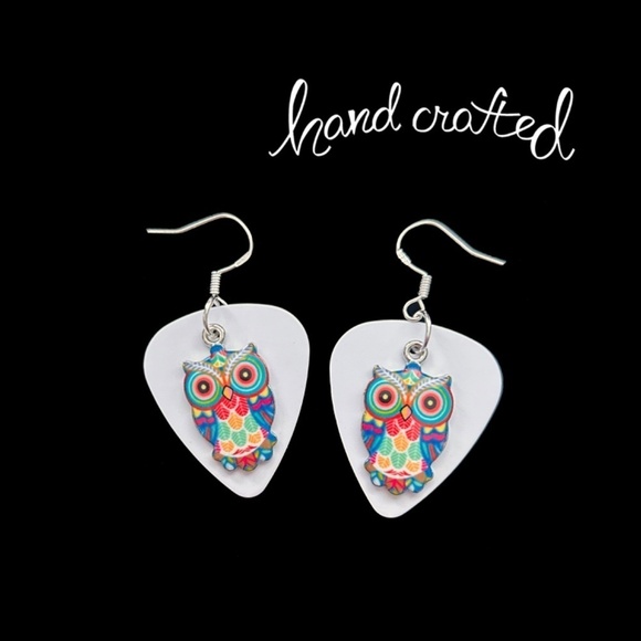 Handcrafted Earrings Repurposed Guitar Picks Wise is the Owl Silver Plate Wires - Picture 1 of 10